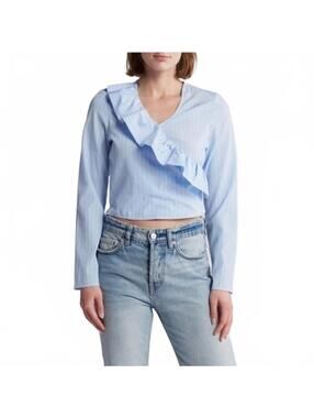 Freshman Asymmetric Ruffle Cotton Top Light Blue White Stripe NWT Small
